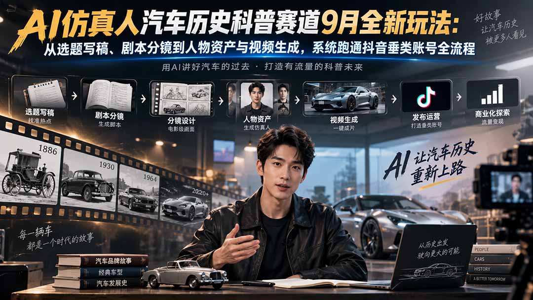 AI仿真人汽车历史科普赛道9月全新玩法：从选题写稿、剧本分镜到人物资产与视频生成，系统跑通抖音垂类账号全流程-聚业