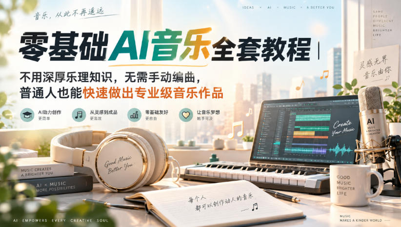 零基础AI音乐全套教程｜不用深厚乐理知识，无需手动编曲，普通人也能快速做出专业级音乐作品-聚业