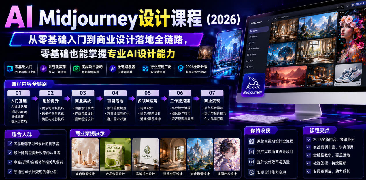 AI Midjourney设计课程(2026)，从零基础入门到商业设计落地全链路，零基础也能掌握专业AI设计能力(更新0913)-聚业