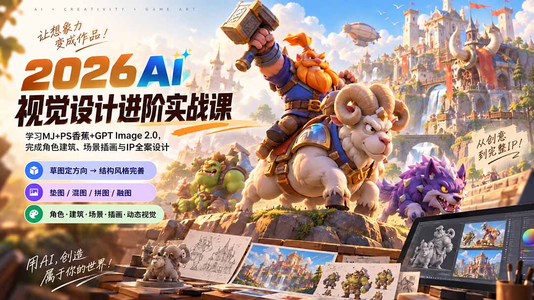 2026AI视觉设计进阶实战课-更新：学习MJ+PS香蕉+GPT Image 2.0，完成角色建筑、场景插画与IP全案设计-聚业