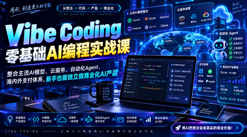 Vibe Coding零基础AI编程实战课-无水印，整合主流AI模型、云服务、自动化Agent、海内外支付体系，新手也能独立做商业化AI产品-聚业