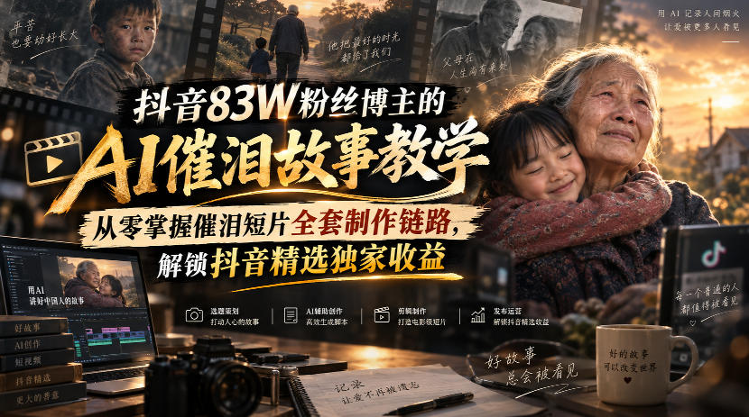 抖音83W粉丝博主的AI催泪故事教学，从零掌握催泪短片全套制作链路，解锁抖音精选独家收益-聚业