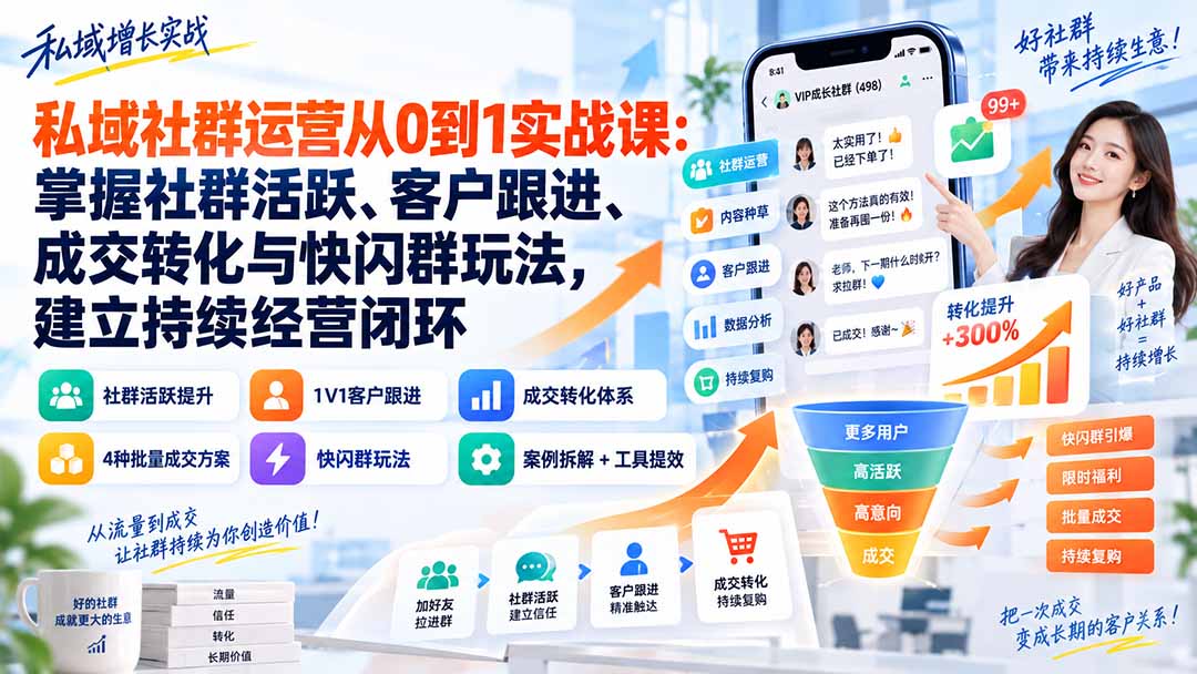 私域社群运营从0到1实战课：掌握社群活跃、客户跟进、成交转化与快闪群玩法，建立持续经营闭环-聚业