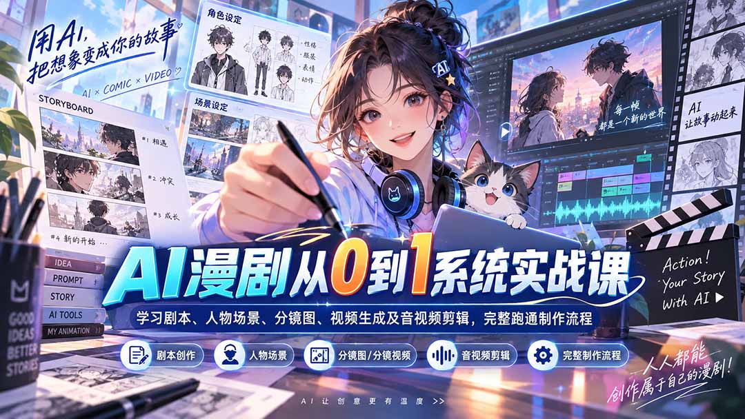AI漫剧从0到1系统实战课：学习剧本、人物场景、分镜图、视频生成及音视频剪辑，完整跑通制作流程-聚业