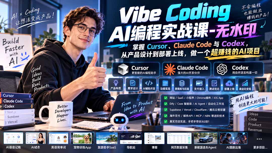 Vibe Coding AI编程实战课-无水印：掌握Cursor、Claude Code与Codex，从产品设计到部署上线，做一个超赚钱的AI项目-聚业
