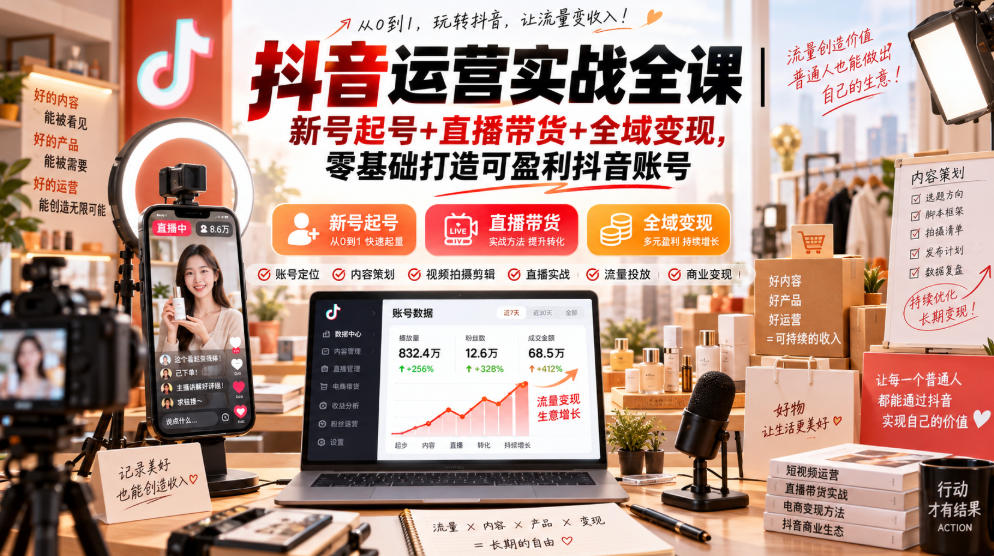 抖音运营实战全课|新号起号+直播带货+全域变现,零基础打造可盈利抖音账号-聚业