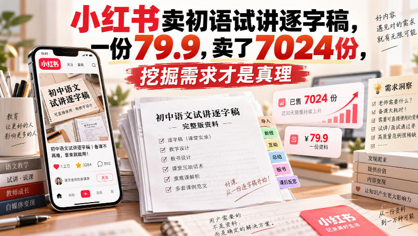 小红书卖初语试讲逐字稿,一份79.9,卖了7024份,挖掘需求才是真理-聚业