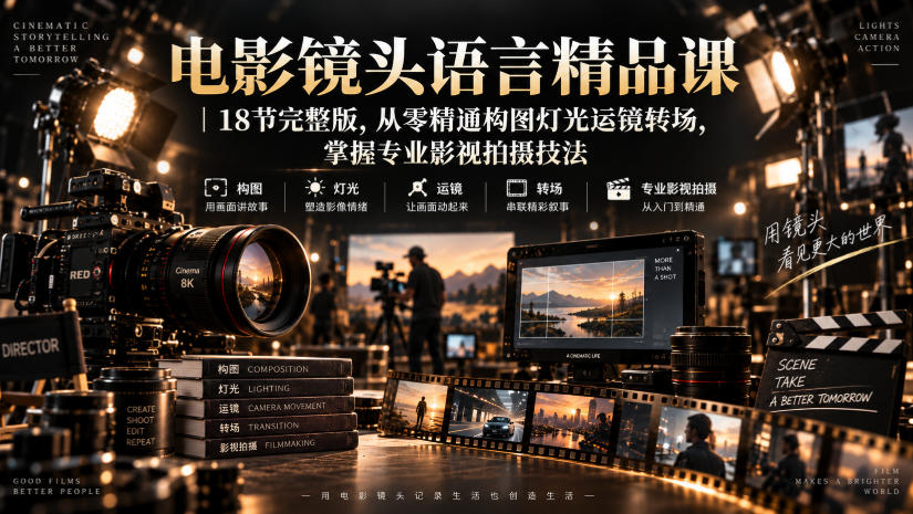 电影镜头语言精品课|18节完整版,从零精通构图灯光运镜转场,掌握专业影视拍摄技法-聚业