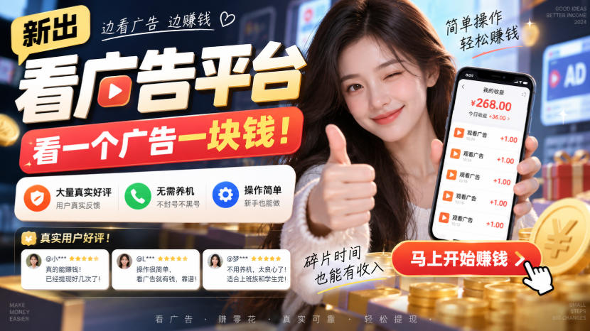 新出看广告平台,看一个广告一块钱,大量真实好评!无需养机、不会黑号,操作简单【揭秘】-聚业