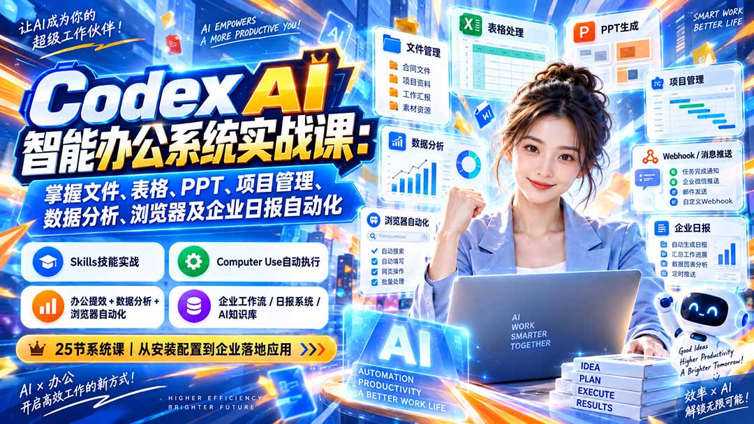 Codex AI智能办公系统实战课：掌握文件、表格、PPT、项目管理、数据分析、浏览器及企业日报自动化-聚业