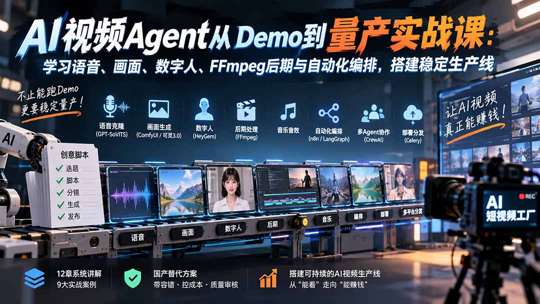 AI视频Agent从Demo到量产实战课：学习语音、画面、数字人、FFmpeg后期与自动化编排，搭建稳定生产线-聚业