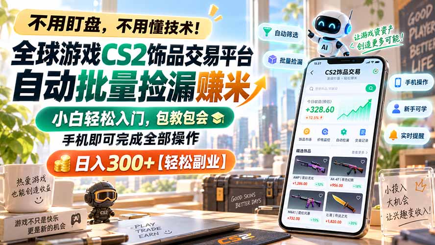 全球游戏CS2饰品交易平台自动批量捡漏赚米，小白轻松入门，包教包会，手机即可完成全部操作，日入300+【轻松副业】-聚业