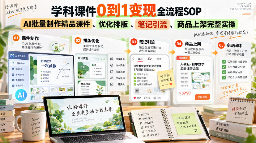 学科课件0到1变现全流程SOP｜AI批量制作精品课件、优化排版、笔记引流、商品上架完整实操​-聚业