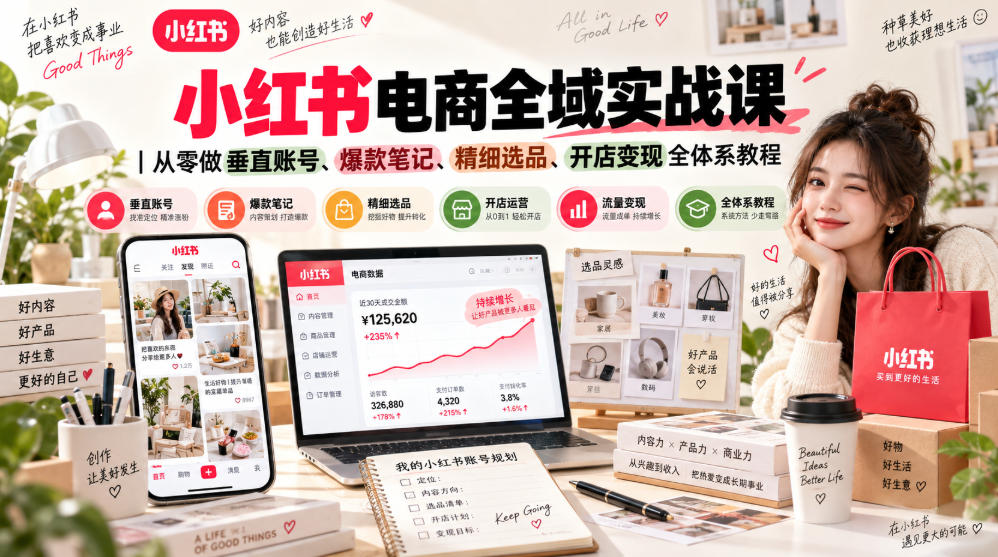 小红书电商全域实战课｜从零做垂直账号、爆款笔记、精细选品、开店变现全体系教程-聚业