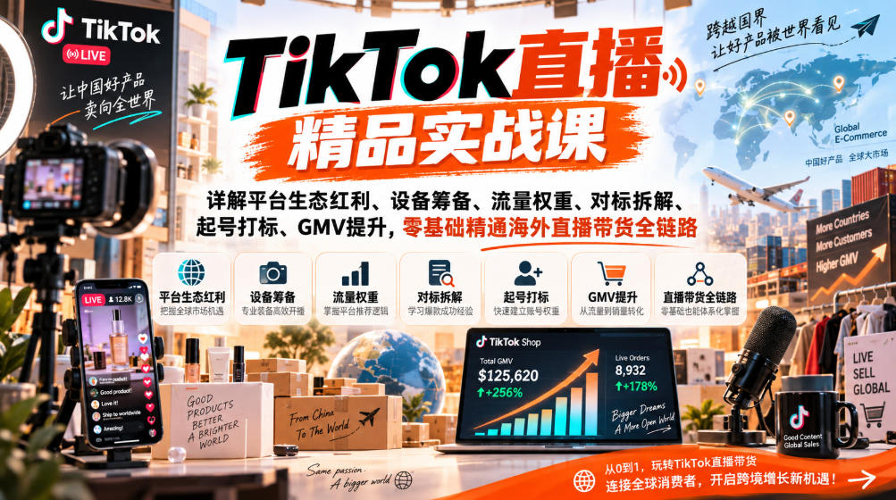 TikTok直播精品实战课，详解平台生态红利、设备筹备、流量权重、对标拆解、起号打标、GMV提升，零基础精通海外直播带货全链路-聚业
