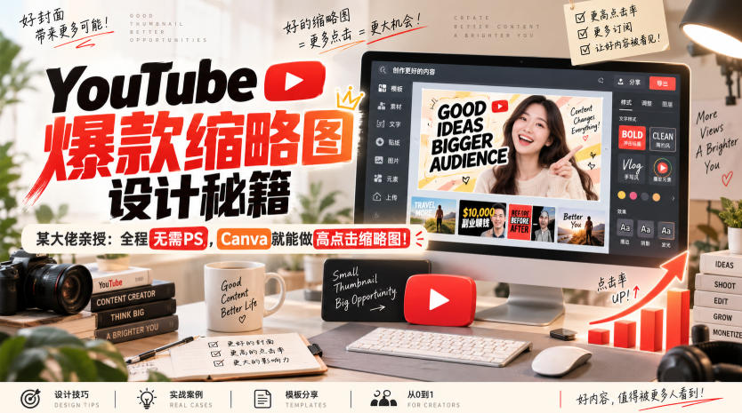 YouTube爆款缩略图设计秘籍，某油管大佬(610万订阅者)亲授，全程无需PS，Canva就能做高点击缩略图！【原创双语字幕】-聚业