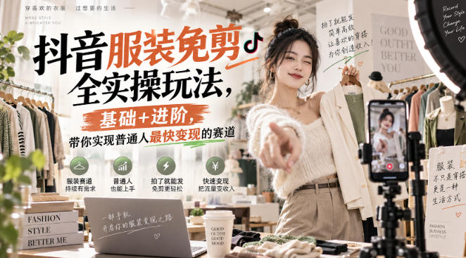 抖音服装免剪全实操玩法，基础+进阶，带你实现普通人最快变现的赛道-聚业