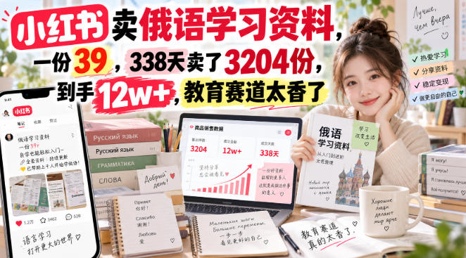小红书卖俄语学习资料，一份39，338天卖了3204份，到手12w+，教育赛道太香了-聚业