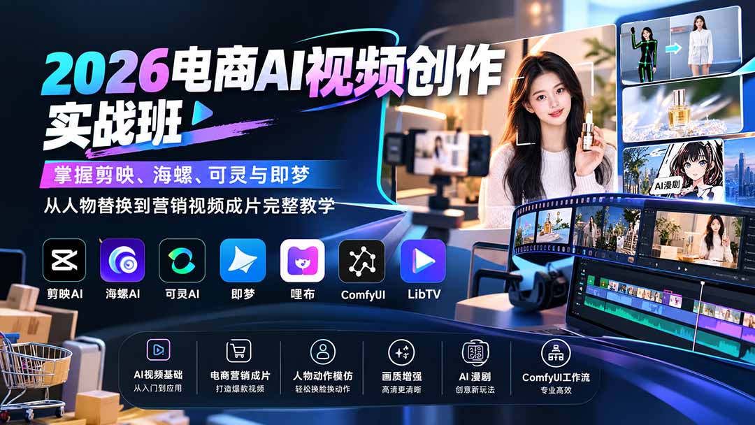 2026电商AI视频创作实战班：掌握剪映、海螺、可灵与即梦，从人物替换到营销视频成片完整教学-聚业