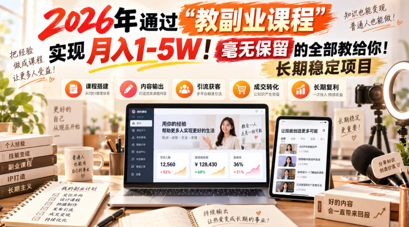 2026年通过“教副业课程”实现月入1-5W！毫无保留的全部教给你！长期稳定项目-聚业