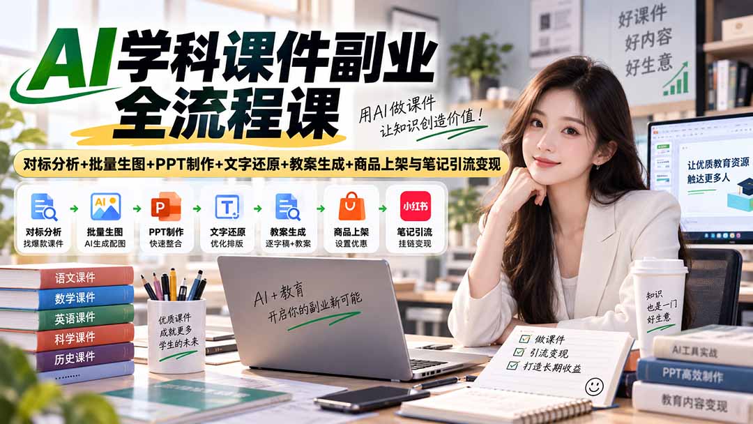 AI学科课件副业全流程课｜对标分析+批量生图+PPT制作+文字还原+教案生成+商品上架与笔记引流变现-聚业