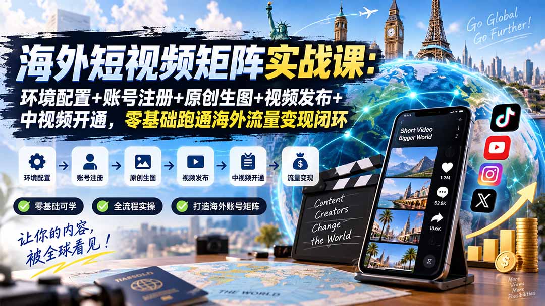 海外短视频矩阵实战课：环境配置+账号注册+原创生图+视频发布+中视频开通，零基础跑通海外流量变现闭环-聚业
