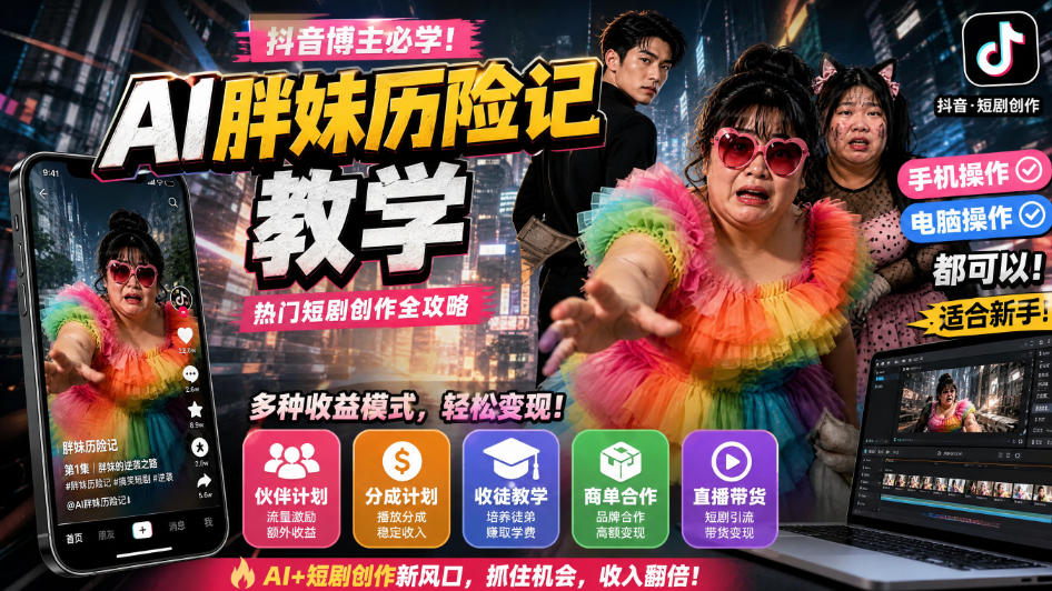 抖音博主的AI胖妹历险记教学，伙伴计划+分成计划+收徒+商单等多种收益，适合新手，手机电脑都可以操作-聚业