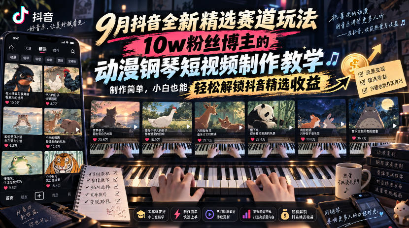 9月抖音全新精选赛道玩法，10w粉丝博主的动漫钢琴短视频制作教学，制作简单，小白也能轻松解锁抖音精选收益-聚业