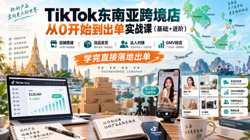 TikTok东南亚跨境店从0开始到出单实战课(基础+进阶)，店铺搭建、选品发货、达人对接、GMV投流，学完直接落地出单-聚业