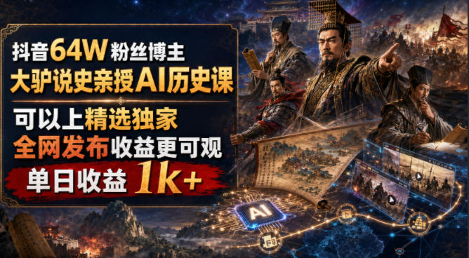 抖音64W粉丝博主大驴说史亲授AI历史课，可以上精选独家，全网发布收益更可观，单日收益1k+(更新)-聚业