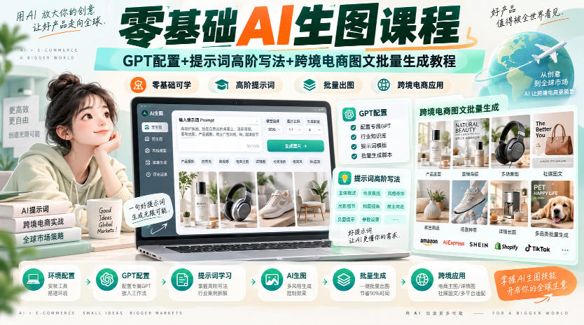 零基础AI生图课程，GPT配置+提示词高阶写法+跨境电商图文批量生成教程-聚业