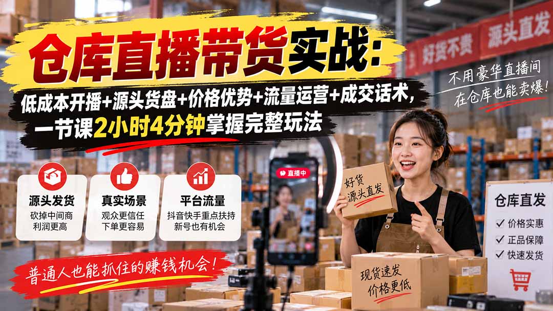 仓库直播带货实战：低成本开播+源头货盘+价格优势+流量运营+成交话术，一节课2小时4分钟掌握完整玩法-聚业