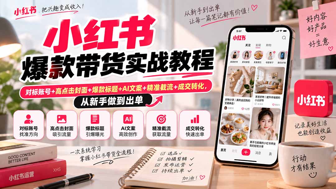 小红书爆款带货实战教程｜对标账号+高点击封面+爆款标题+AI文案+精准截流+成交转化，从新手做到出单-聚业