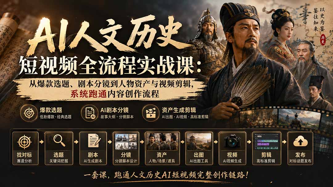 AI人文历史短视频全流程实战课-更新：从爆款选题、剧本分镜到人物资产与视频剪辑，系统跑通内容创作流程-聚业