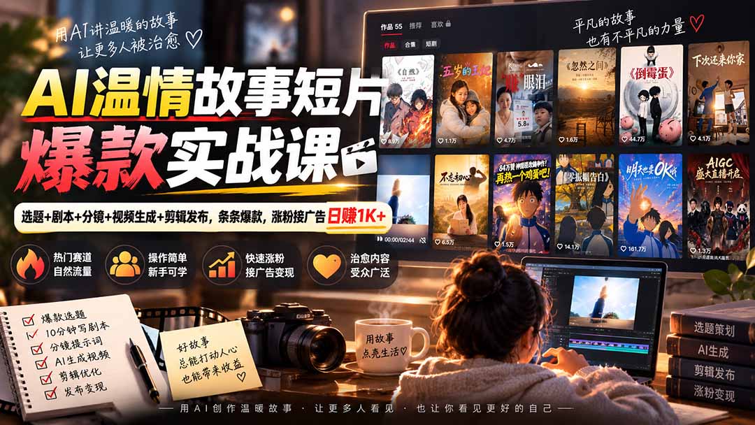 AI温情故事短片爆款实战课-更新｜选题+剧本+分镜+视频生成+剪辑发布，条条爆款，涨粉接广告日赚1K+-聚业