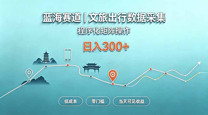 蓝海赛道  文旅出行数据采集  程序化矩阵操作    低成本  零门槛   当天可见收益   日入300+-聚业
