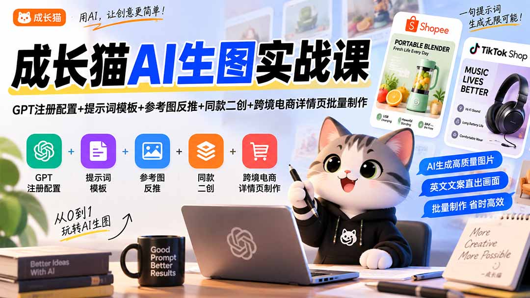 成长猫AI生图实战课｜GPT注册配置+提示词模板+参考图反推+同款二创+跨境电商详情页批量制作-聚业