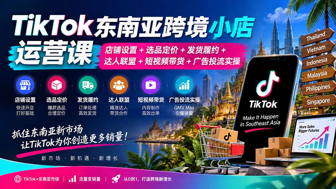 TikTok东南亚跨境小店运营课：店铺设置+选品定价+发货履约+达人联盟+短视频带货+广告投流实操-聚业