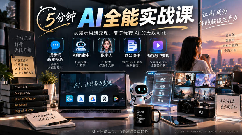5分钟AI全能实战课｜提示词高阶技巧+AI智能体+数字人+办公创作+短视频IP变现全教程-聚业