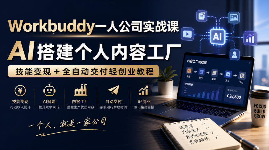 Workbuddy一人公司实战课，AI搭建个人内容工厂，技能变现+全自动交付轻创业教程​-聚业