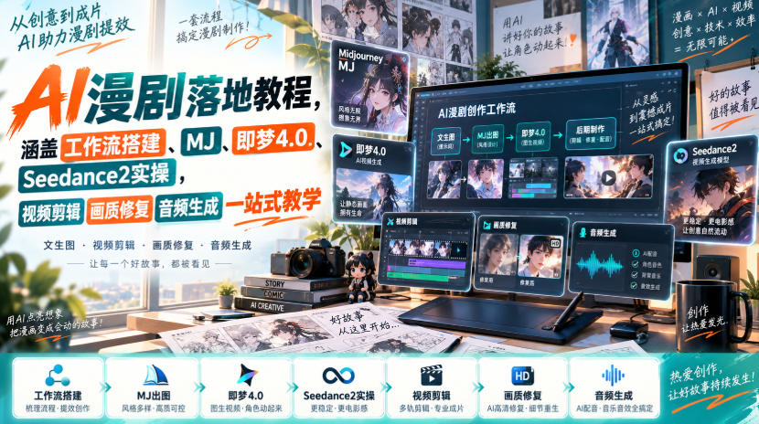 AI漫剧落地教程，涵盖工作流搭建、MJ、即梦4.0、Seedance2实操，视频剪辑画质修复音频生成一站式教学-聚业