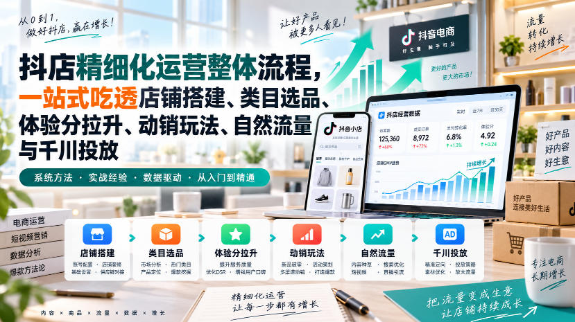 李哥电商-抖店精细化运营整体流程，一站式吃透店铺搭建、类目选品、体验分拉升、动销玩法、自然流量与千川投放-聚业