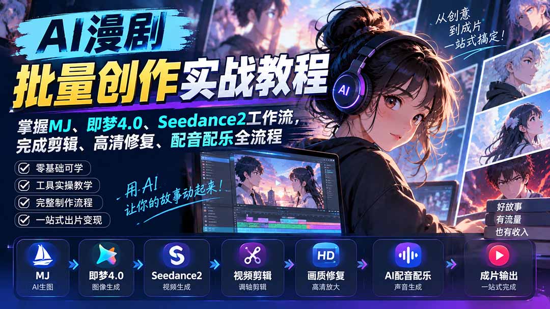 AI漫剧批量创作实战教程：掌握MJ、即梦4.0、Seedance2工作流，完成剪辑、高清修复、配音配乐全流程-聚业