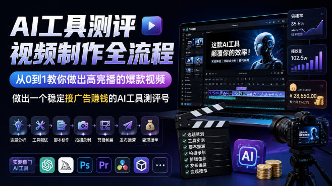 AI工具测评视频制作全流程，从0到1教你做出高完播的爆款视频，做出一个稳定接广告賺钱的AI工具测评号-聚业