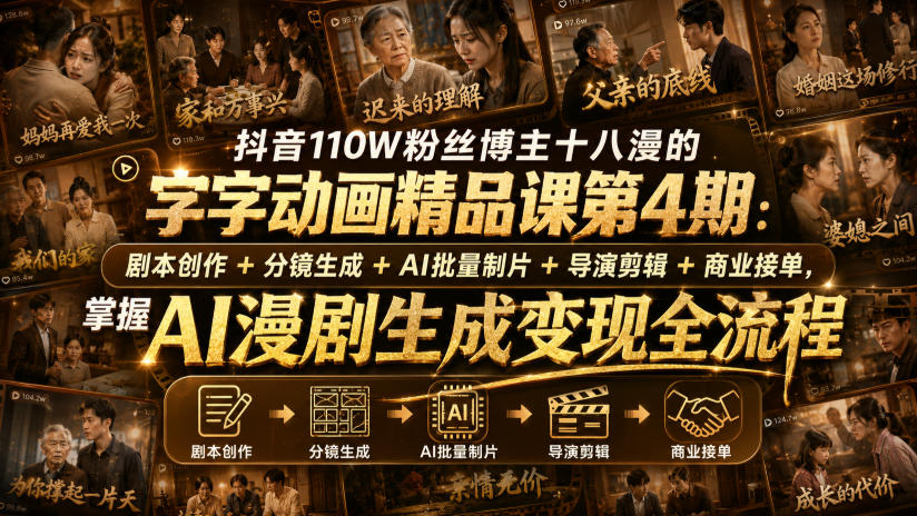 抖音110W粉丝博主十八漫的字字动画精品课第4期：剧本创作+分镜生成+剪辑+商业接单，掌握AI漫剧生成变现全流程(更新0916)-聚业