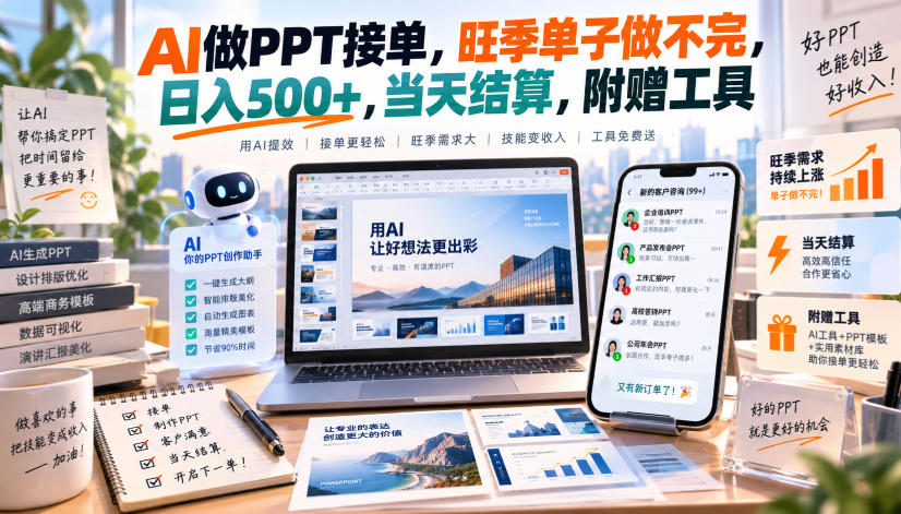 AI做PPT接单，旺季单子做不完，日入500+，当天结算，附赠工具【揭秘】-聚业