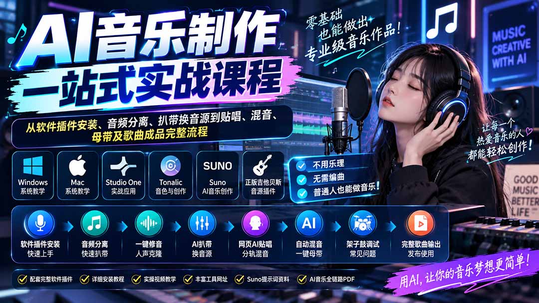 AI音乐制作一站式实战课程：从软件插件安装、音频分离、扒带换音源到贴唱、混音、母带及歌曲成品完整流程-聚业