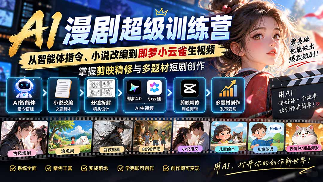 AI漫剧超级特训营：从智能体指令、小说改编到即梦小云雀生视频，掌握剪映精修与多题材短剧创作-聚业