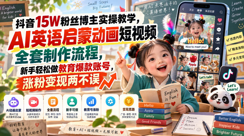 抖音15W粉丝博主实操教学，AI英语启蒙动画短视频全套制作流程，新手轻松做教育爆款账号，涨粉变现两不误-聚业