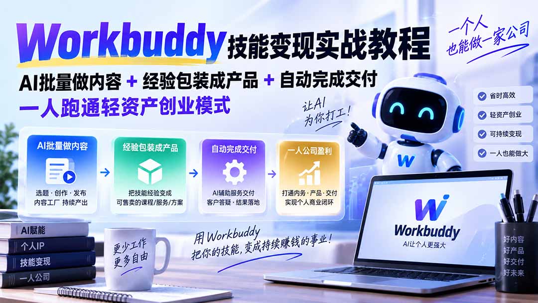 Workbuddy技能变现实战教程：AI批量做内容+经验包装成产品+自动完成交付，一人跑通轻资产创业模式-聚业
